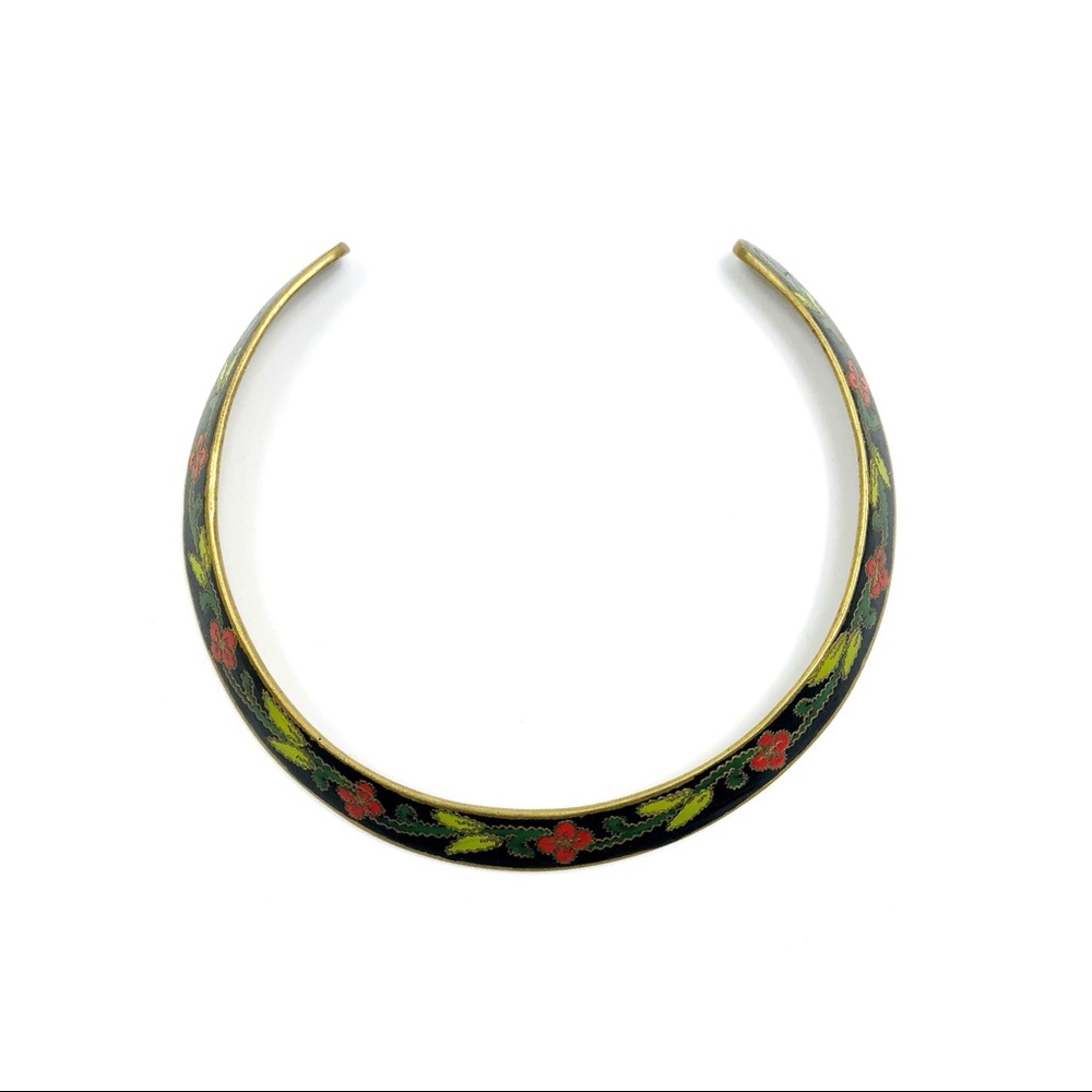 Vintage Brass Collar Necklace Hand Painted Floral